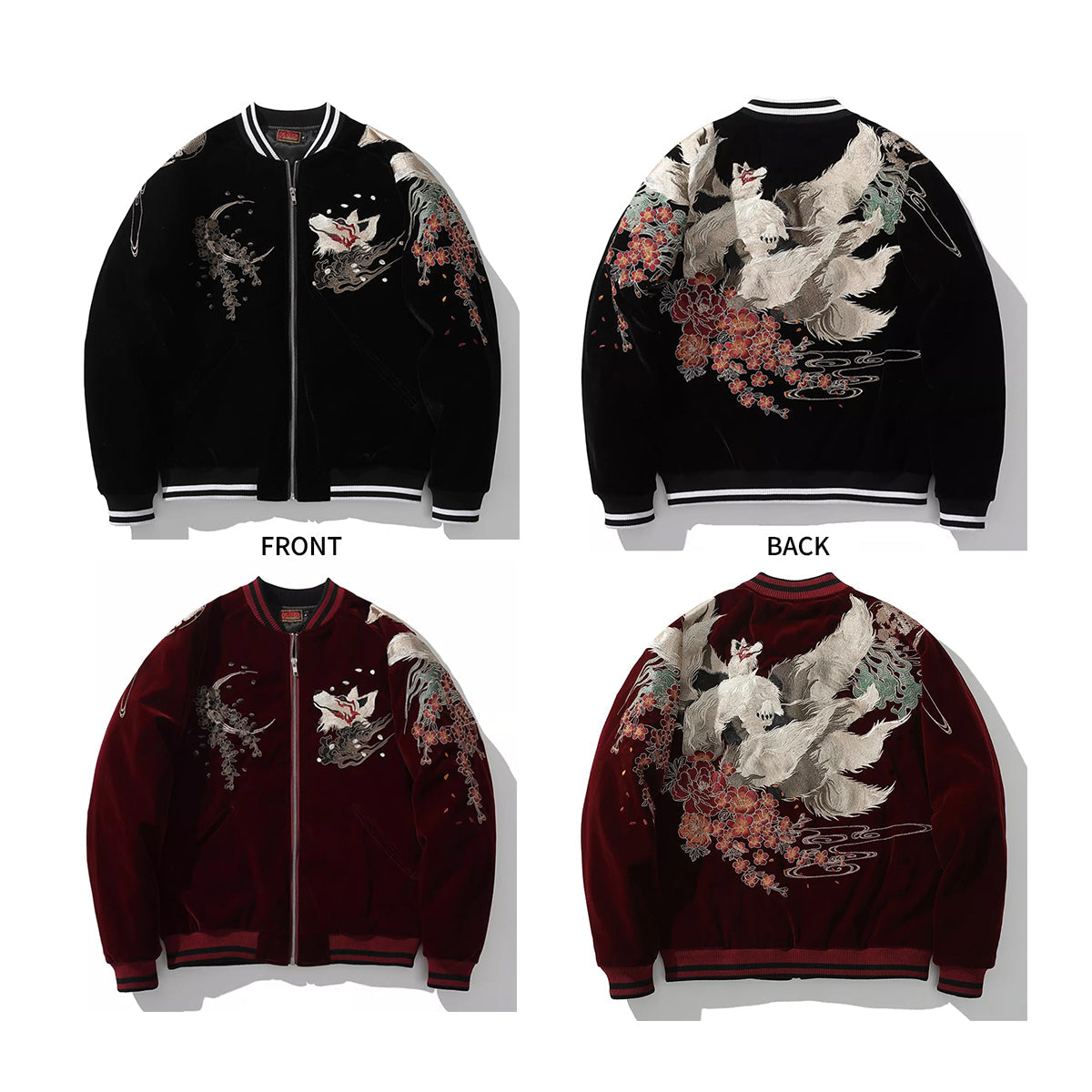 Kitsune Spirit Sukajan Bomber Jacket (Black & Red)