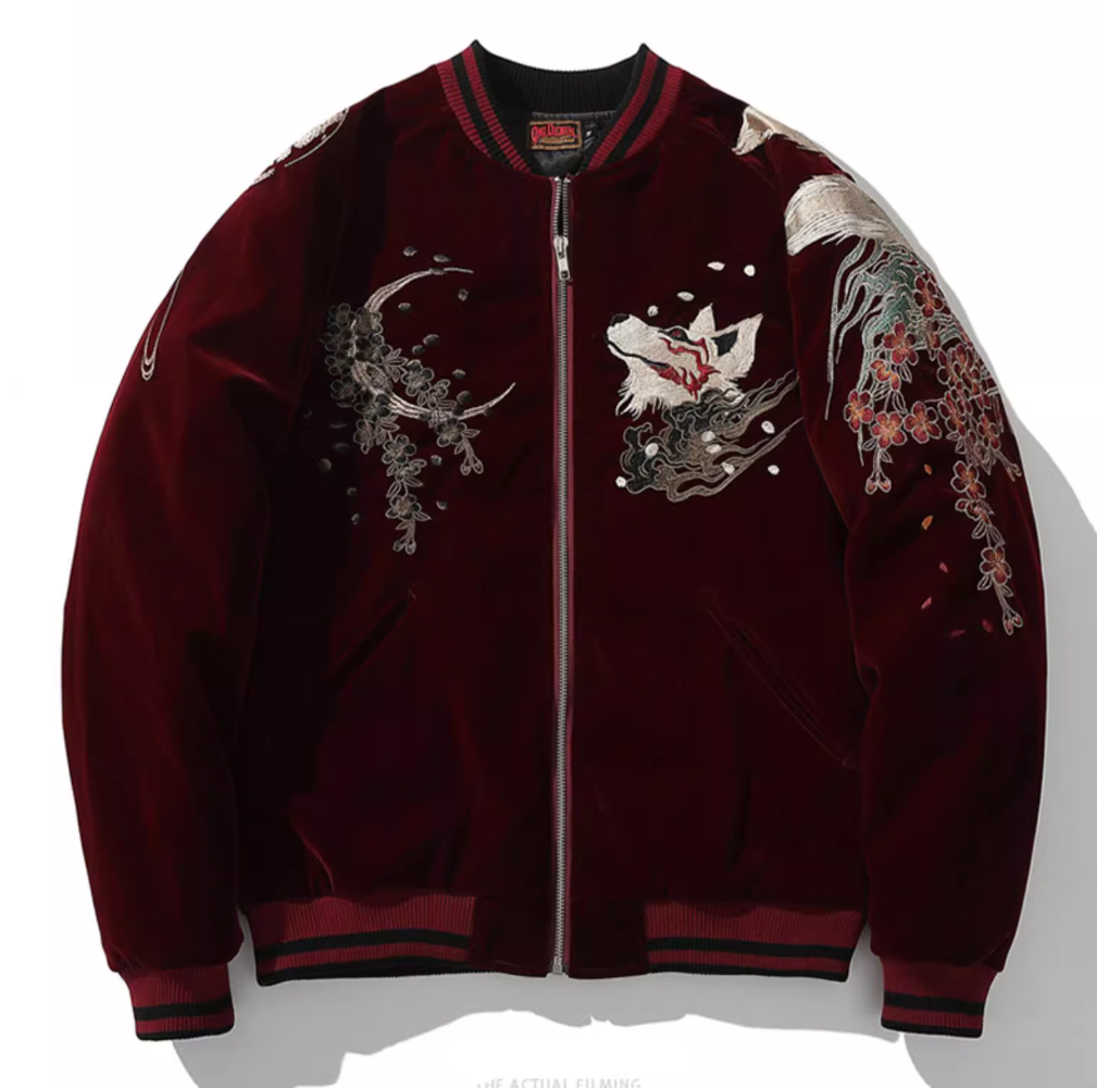 Kitsune Spirit Sukajan Bomber Jacket (Black & Red)
